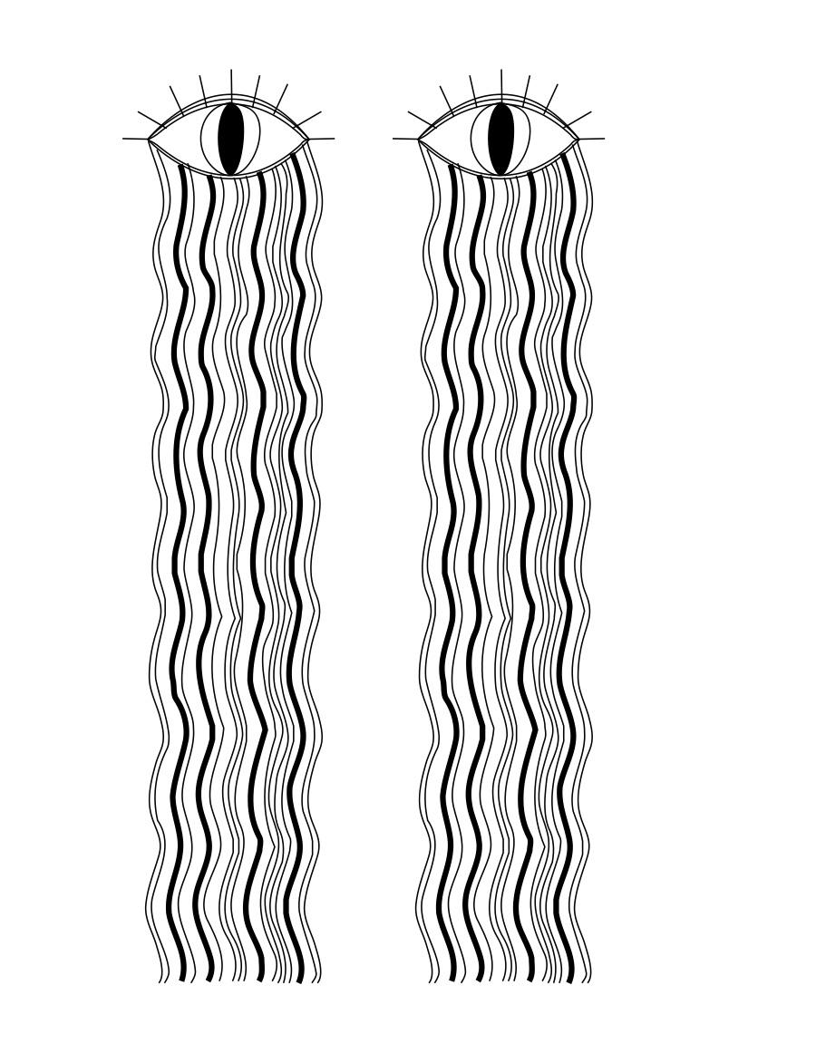 Dessin au trait noir de deux yeux avec de multiples longues lignes ondulées qui coulent.