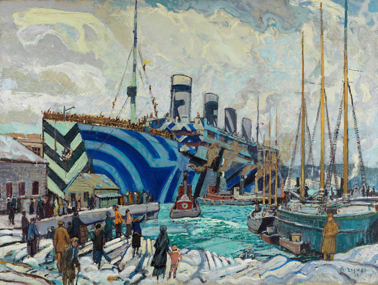 Peinture d’un bateau éblouissant avec des motifs géométriques dans des tons de bleu.