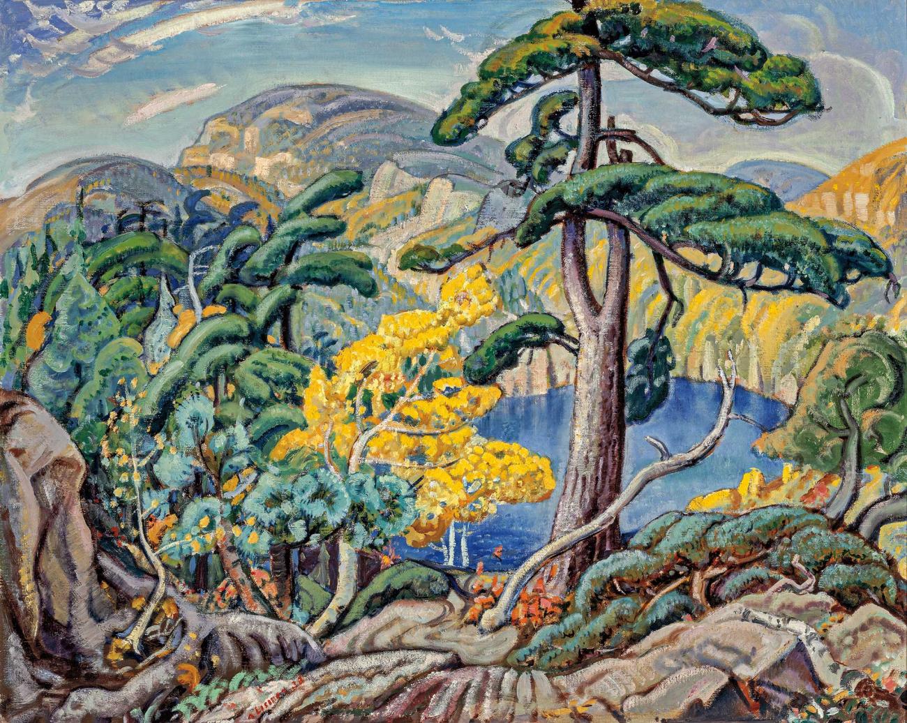 Peinture colorée d’arbres avec de l’eau et des montagnes en arrière-plan.