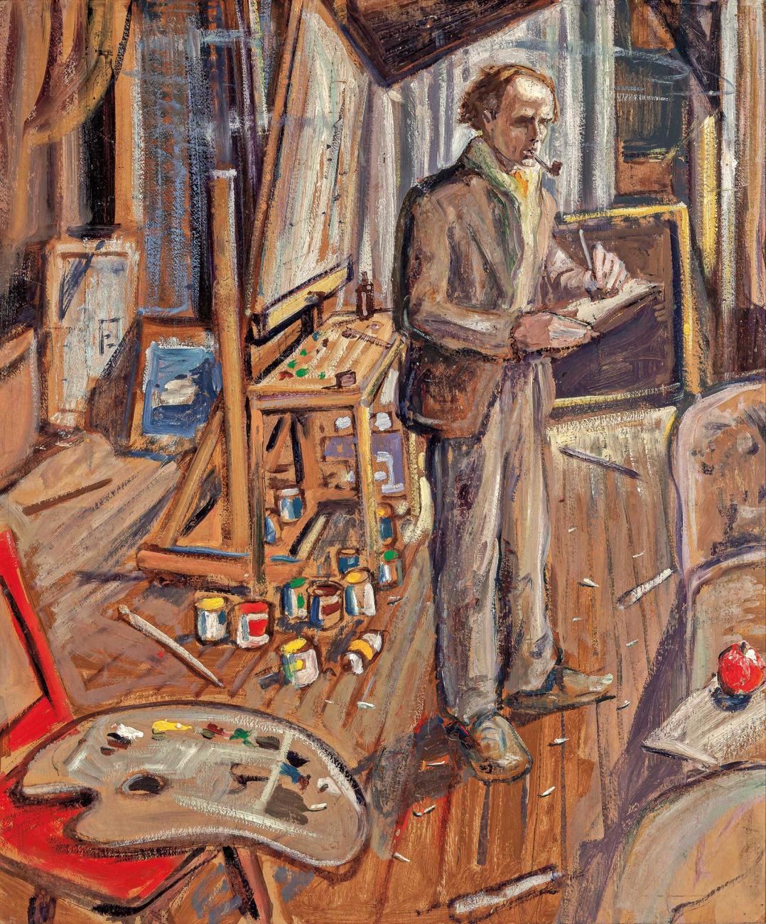 Peinture autoportrait d’Arthur Lismer, debout dans l’atelier d’un peintre.