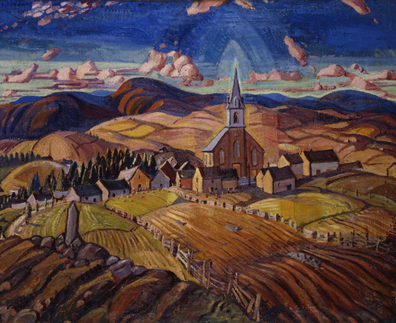 Peinture d’un village entouré de collines.